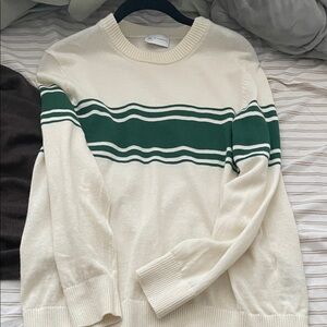 Cream Crewneck Sweater with Green Stripe